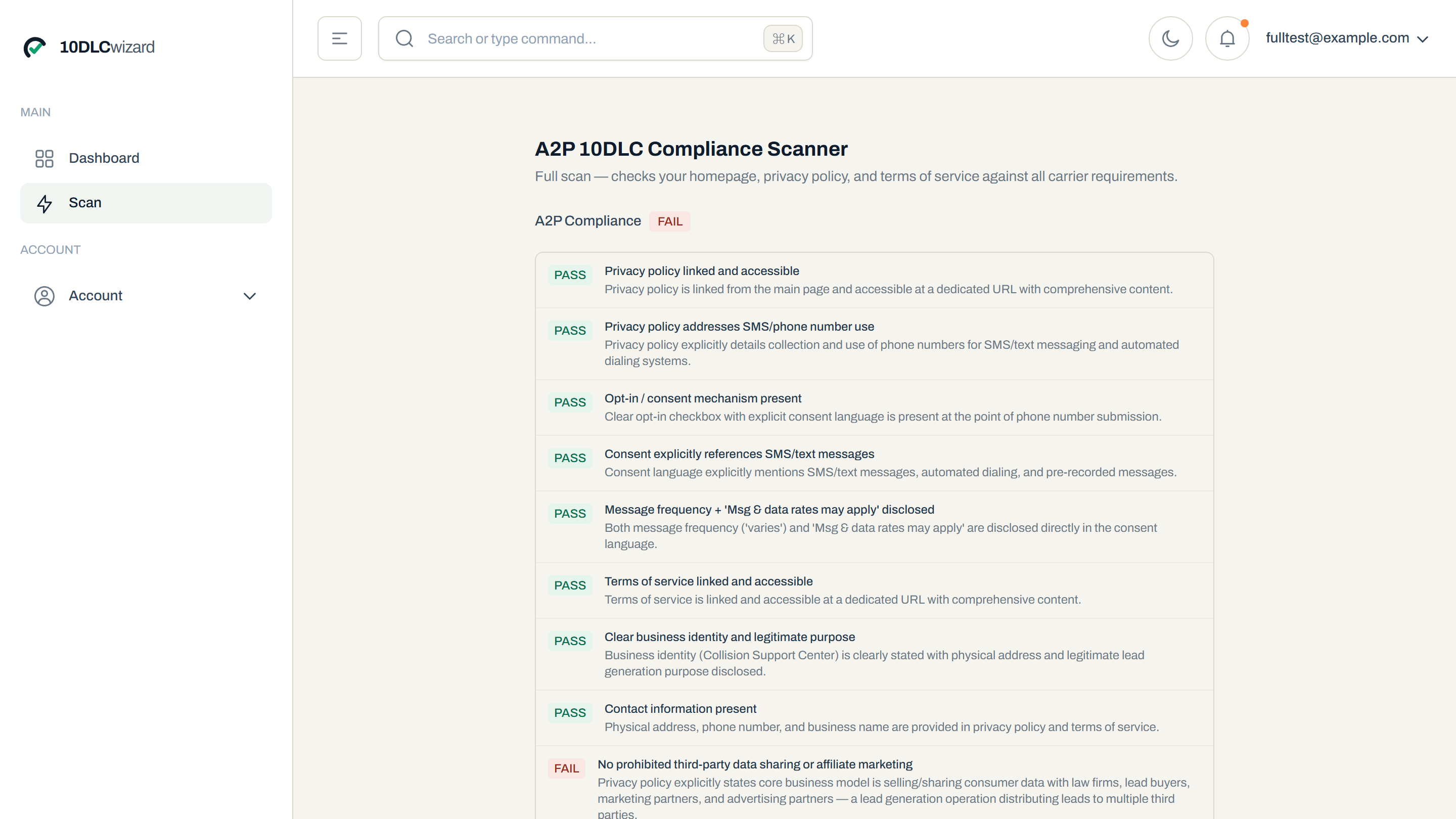 10DLCwizard full A2P 10DLC compliance scan report with PASS, WARN and FAIL checks